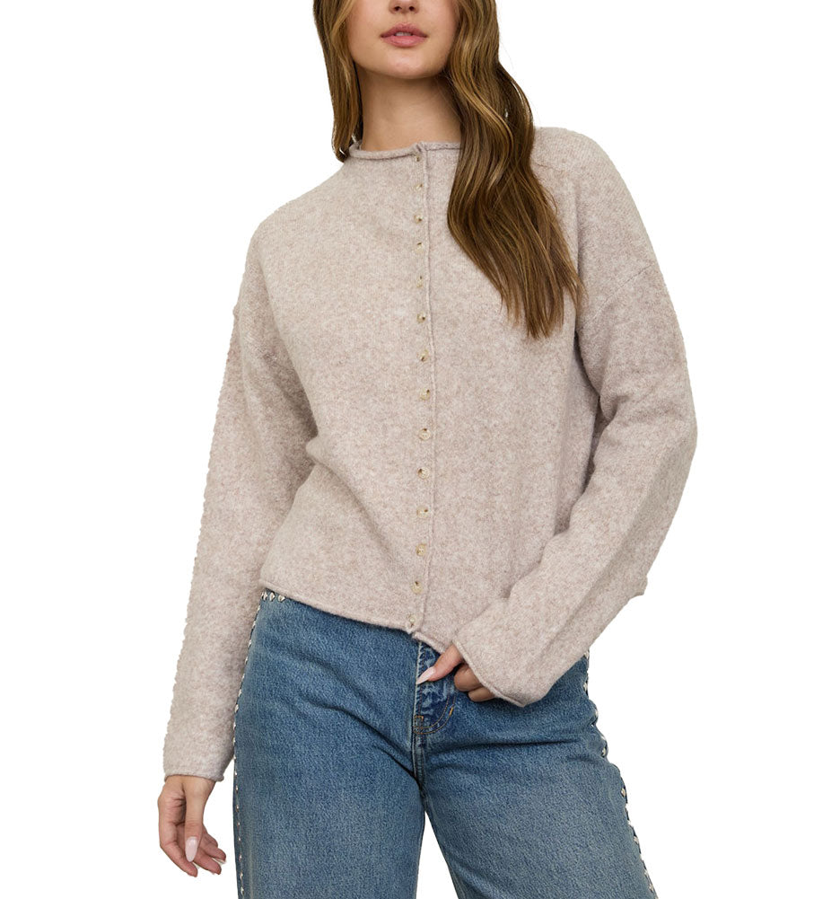 The Workshop Studio Women's Raw Edge Mock Neck Button Down Cardigan Sweater