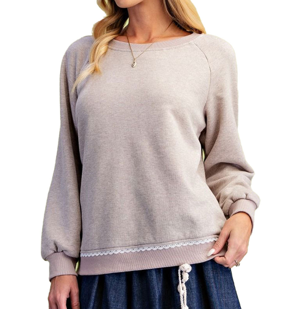 Easel Lace Back Terry Knit Pullover