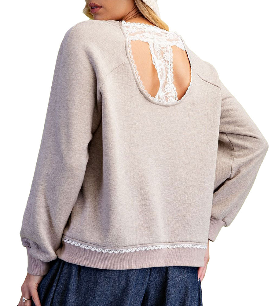 Easel Lace Back Terry Knit Pullover