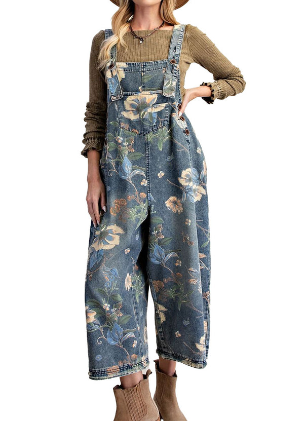 Easel Flower Printed Washed Denim Overalls