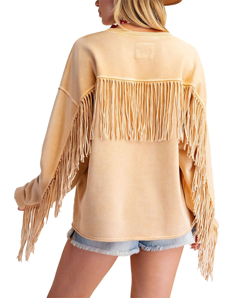 Easel Self Fringe Washed Terry Pullover