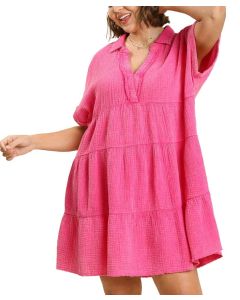 Umgee USA Tiered Baby Doll Dress Hot Pink