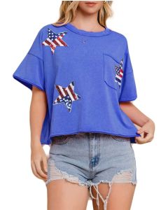Oddi Flag Star Sequin Patch Top Washed Blue