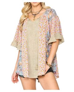 GiGiO Floral Mixed Print Ruffle Top Putty