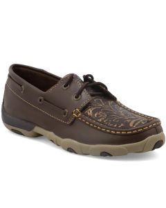 Twisted X Women's Boat Shoe Driving Moc Brown & Embossed Flower