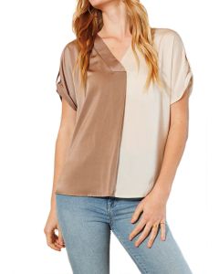 Oddi Color Blocked Woven Satin Blouse Khaki-Cream