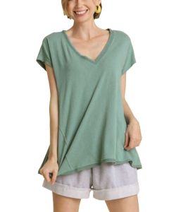 Umgee USA V-Neck Folded Sleeve Top Dust Mint