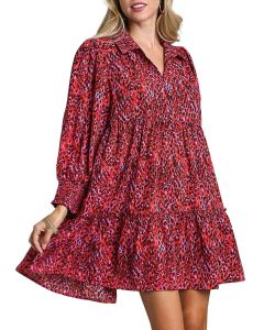 Umgee USA Ls Tier Print Dress Garnet