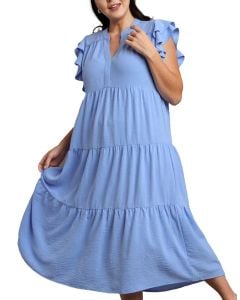 Umgee USA A-Line Tiered Midi Dress Light Blue