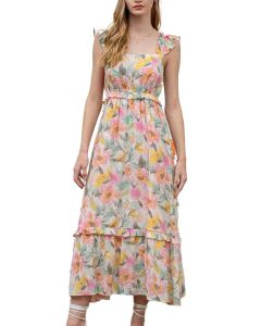 Blu Pepper Watercolor Floral Ruffle Midi Ivory Multi