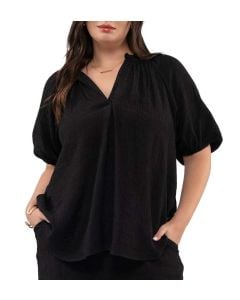 Blu Pepper Scrunched Elastic V-Neck Shirt Black