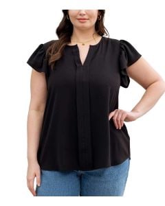 Blu Pepper Split Neck Ruffle Top Black