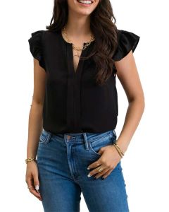 Blu Pepper Split Neck Ruffle Top Black