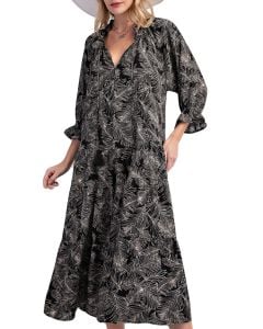 Easel Leaf Print Ruffle Maxi Black