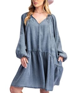 Easel Washed Denim Tiered Dress Washed Denim