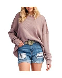 Easel Mineral Washed Thermal Knit Top Rose Taupe