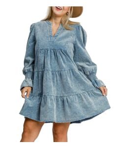 Umgee USA Stone Washed Corduroy Tiered Dress Denim Blue