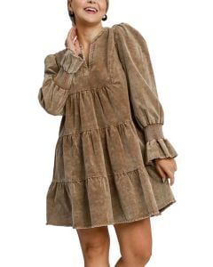 Umgee USA Stone Washed Corduroy Tiered Dress Brown