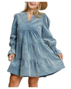 Umgee USA Stone Washed Corduroy Tiered Dress Denim Blue